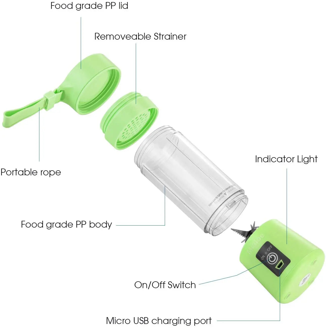 Portable blender Personal 6 Blades Juicer Cup Household Fruit Mixer, With Magnetic Secure Switch, USB Charger Cable 380ML(Green) pattanaustralia